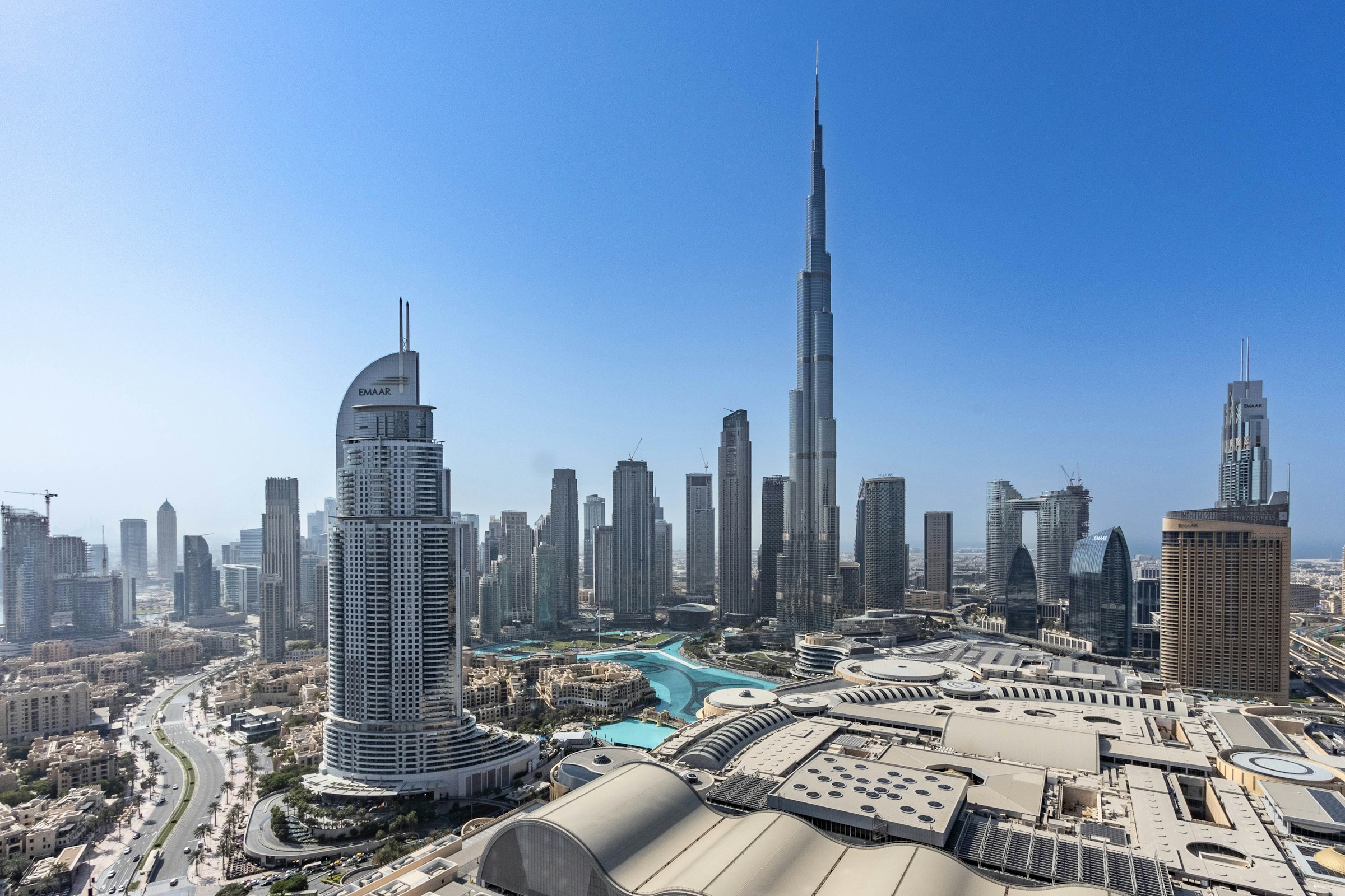 Aerial view of Downtown Dubai with Burj Khalifa and Burj Lake
